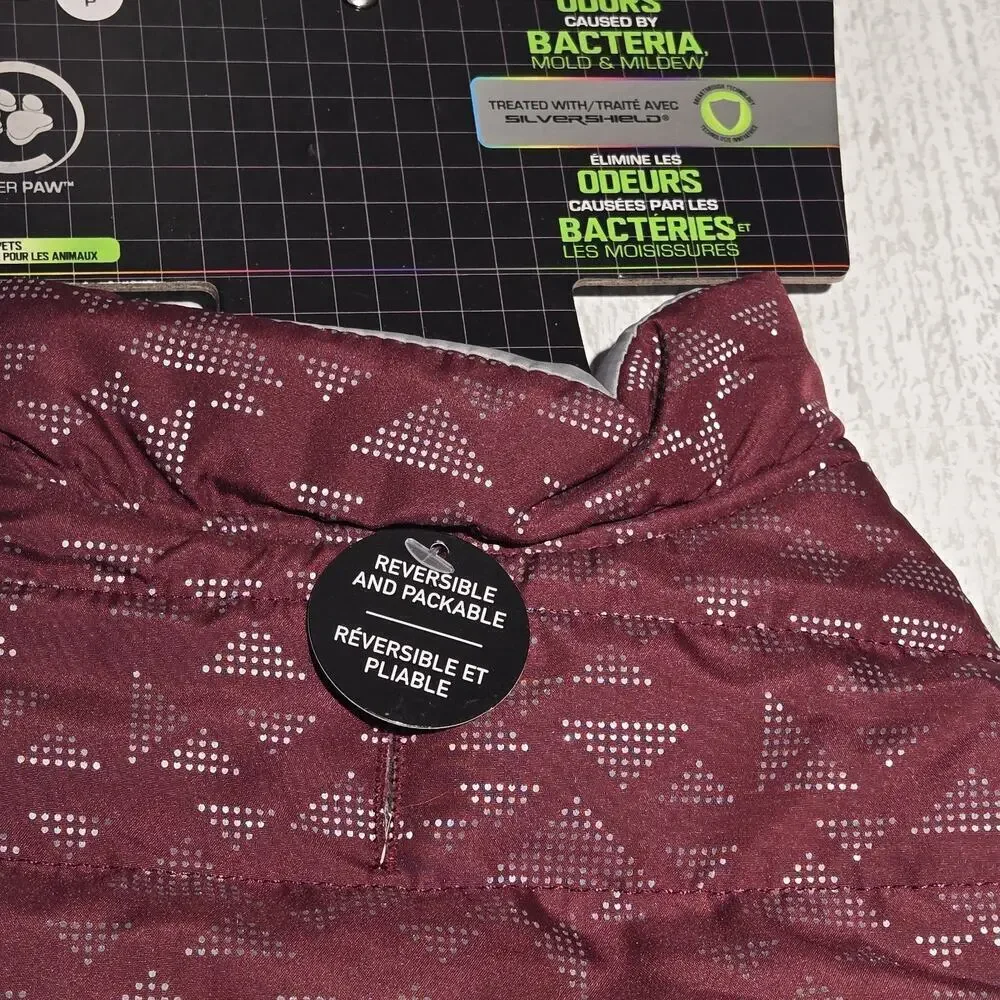 Silver Paw Dog Coat/Jacket SMALL Maroon Grey Antimicrobial Reversible Packable